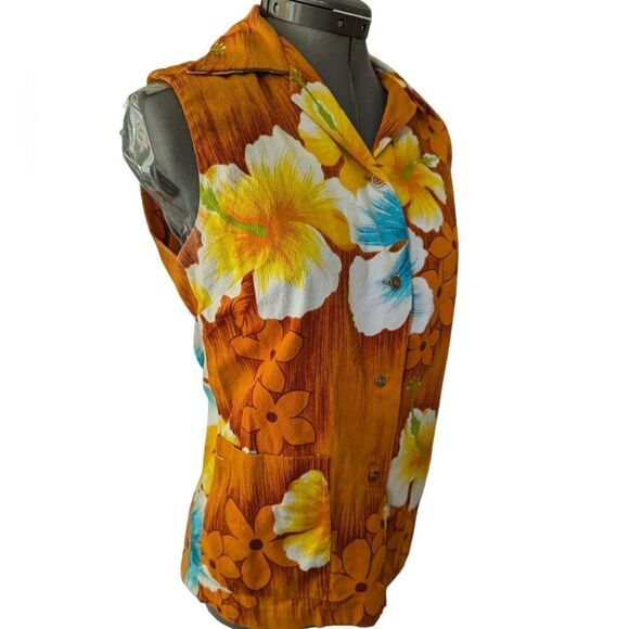Bark cloth vintage Hawaiian tropical print button up sleeveless shirt - Picture 7 of 9